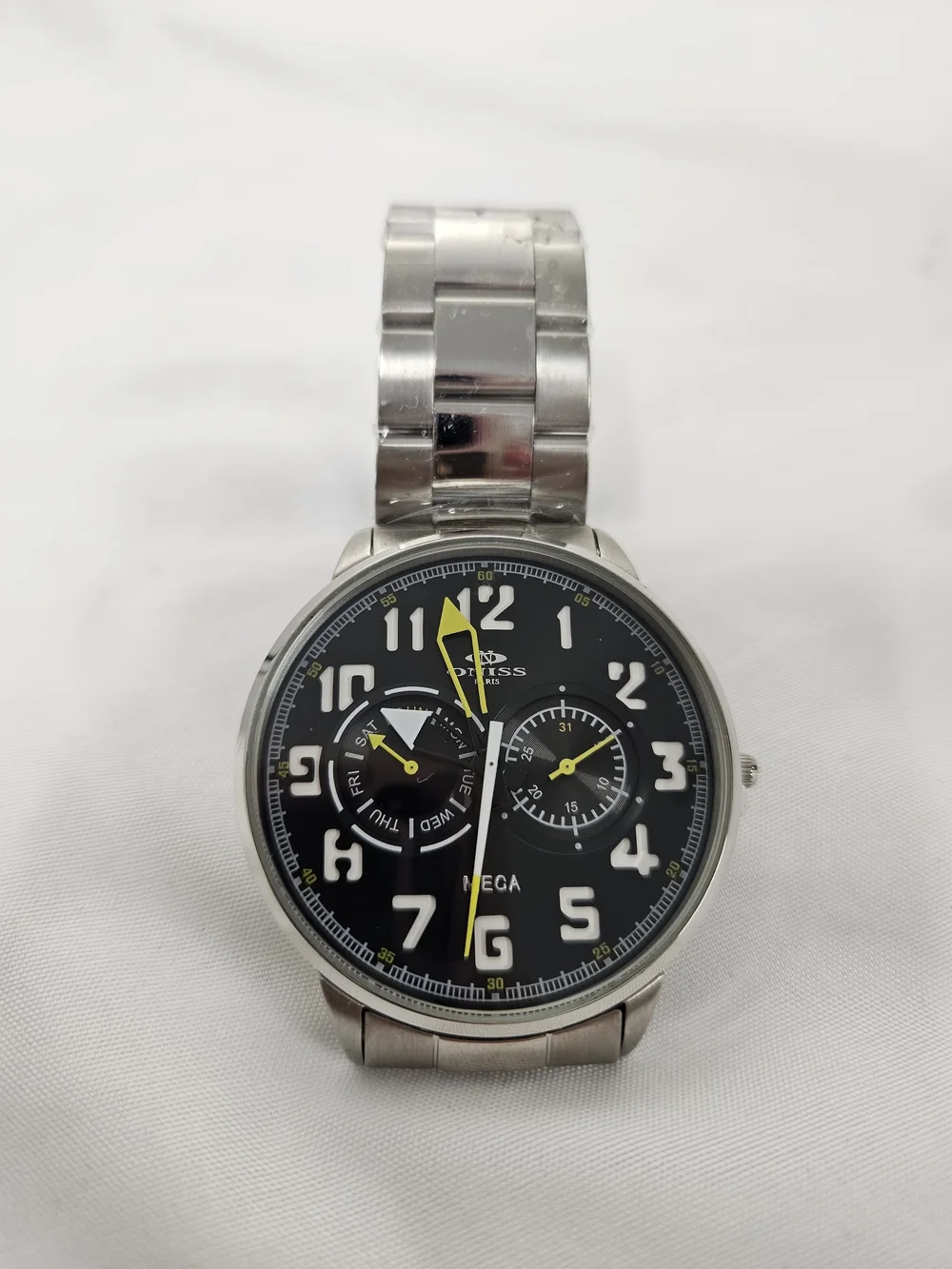 Men's Stainless Steel Watch with Black Dial and Yellow‎ Accents